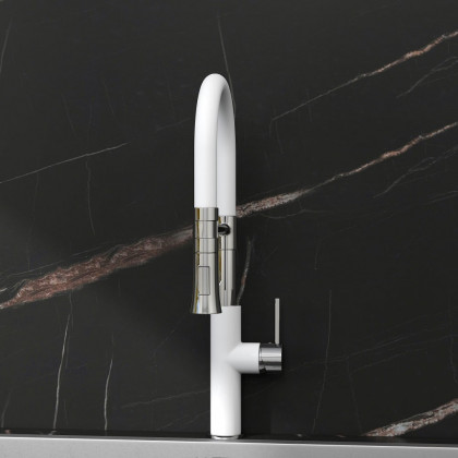HMR - Single Handle Solid Brass Pull-Down Spray Kitchen Faucet in White