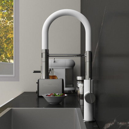 HMR - Single Handle Solid Brass Pull-Down Spray Kitchen Faucet in White