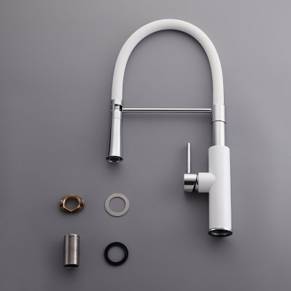HMR - Single Handle Solid Brass Pull-Down Spray Kitchen Faucet in White