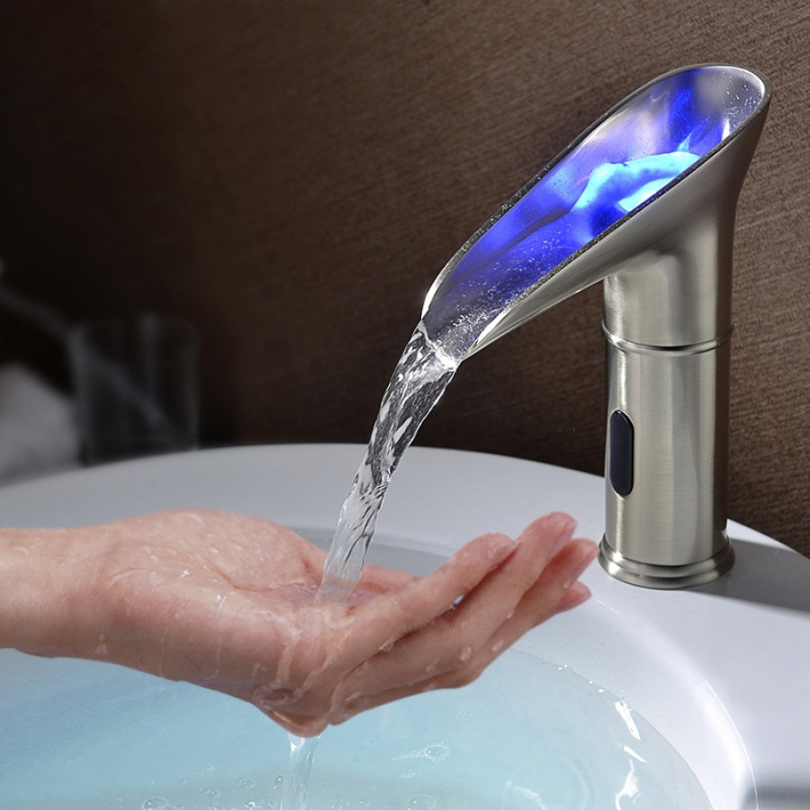 HMR - Single Hole Touchless Electronic Bathroom Sink Faucet with LED in Brushed Nickel