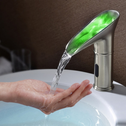HMR - Single Hole Touchless Electronic Bathroom Sink Faucet with LED in Brushed Nickel