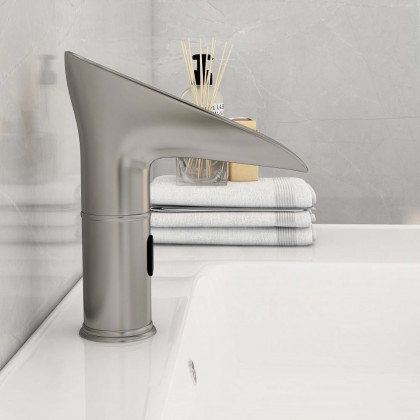 HMR - Single Hole Touchless Electronic Bathroom Sink Faucet with LED in Brushed Nickel