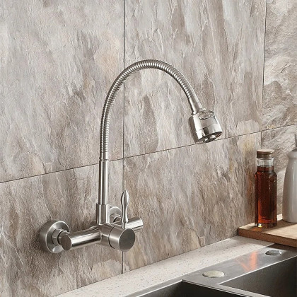 HMR - Brushed Wall-Mounted Stainless Steel Kitchen Faucet with Dual Function Sprayer in Brushed Nickel