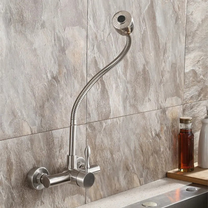 HMR - Brushed Wall-Mounted Stainless Steel Kitchen Faucet with Dual Function Sprayer in Brushed Nickel