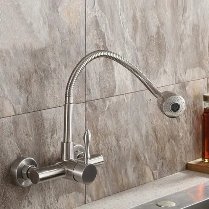 HMR - Brushed Wall-Mounted Stainless Steel Kitchen Faucet with Dual Function Sprayer in Brushed Nickel