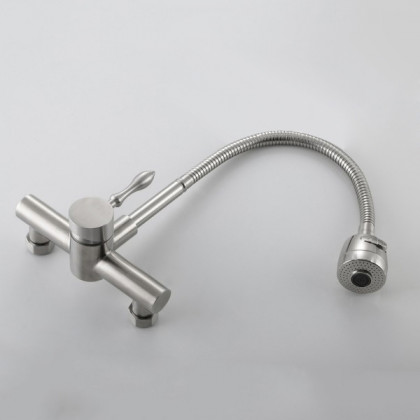HMR - Brushed Wall-Mounted Stainless Steel Kitchen Faucet with Dual Function Sprayer in Brushed Nickel