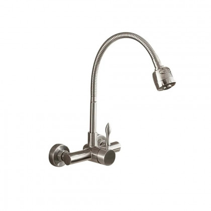 HMR - Brushed Wall-Mounted Stainless Steel Kitchen Faucet with Dual Function Sprayer in Brushed Nickel