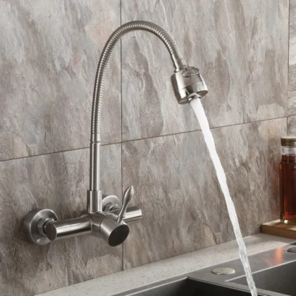 HMR - Brushed Wall-Mounted Stainless Steel Kitchen Faucet with Dual Function Sprayer in Brushed Nickel