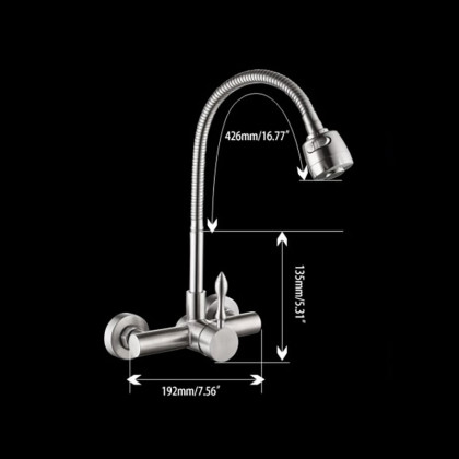 HMR - Brushed Wall-Mounted Stainless Steel Kitchen Faucet with Dual Function Sprayer in Brushed Nickel