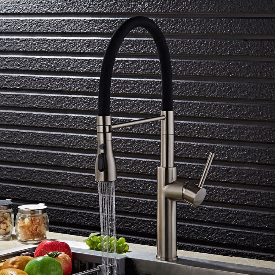 HMR - Contemporary Pull-Out Single Hole 1-Handle Faucet Spout in Brushed Nickel