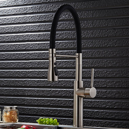 HMR - Contemporary Pull-Out Single Hole 1-Handle Faucet Spout in Brushed Nickel