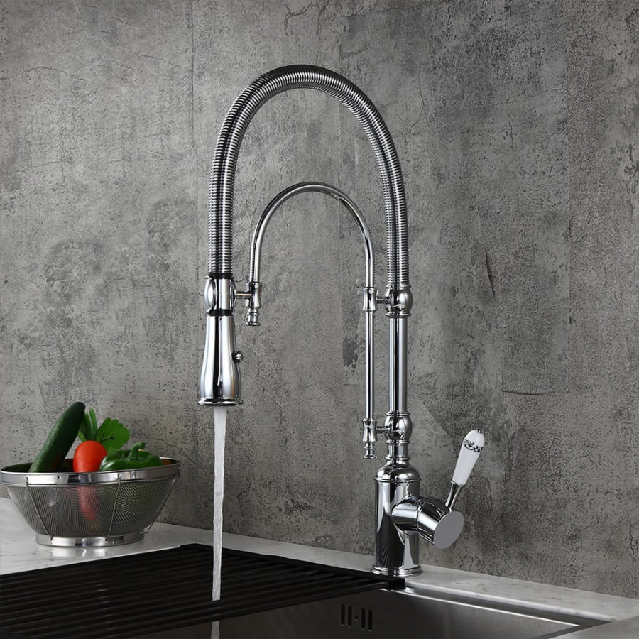 HMR High Arc Dual-Mode Pull-Down Kitchen Faucet Porcelain Handle with Porcelain Handle - Chrome