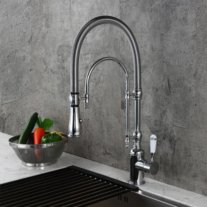 HMR High Arc Dual-Mode Pull-Down Kitchen Faucet Porcelain Handle with Porcelain Handle - Chrome