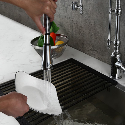 HMR High Arc Dual-Mode Pull-Down Kitchen Faucet Porcelain Handle with Porcelain Handle - Chrome