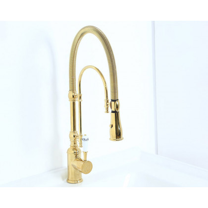 HMR - High Arc Dual-Mode Pull-Down Kitchen Faucet Porcelain Handle with Porcelain Handle