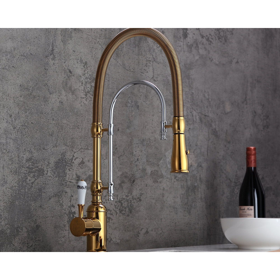 HMR High Arc Dual-Mode Pull-Down Kitchen Faucet Porcelain Handle with Porcelain Handle - Gold/Chrome