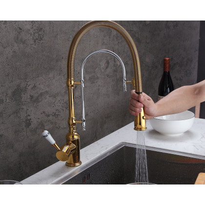 HMR High Arc Dual-Mode Pull-Down Kitchen Faucet Porcelain Handle with Porcelain Handle - Gold/Chrome