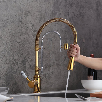 HMR High Arc Dual-Mode Pull-Down Kitchen Faucet Porcelain Handle with Porcelain Handle - Gold/Chrome