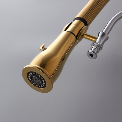HMR High Arc Dual-Mode Pull-Down Kitchen Faucet Porcelain Handle with Porcelain Handle - Gold/Chrome
