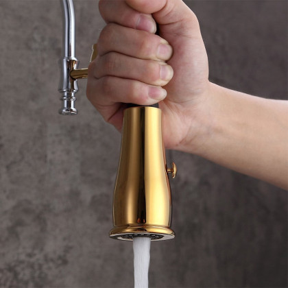 HMR High Arc Dual-Mode Pull-Down Kitchen Faucet Porcelain Handle with Porcelain Handle - Gold/Chrome