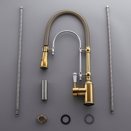 HMR High Arc Dual-Mode Pull-Down Kitchen Faucet Porcelain Handle with Porcelain Handle - Gold/Chrome