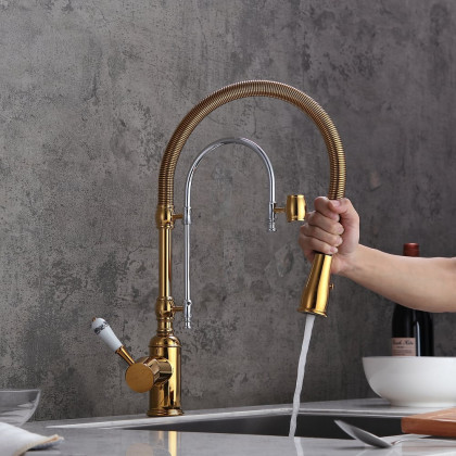 HMR High Arc Dual-Mode Pull-Down Kitchen Faucet Porcelain Handle with Porcelain Handle - Gold/Chrome