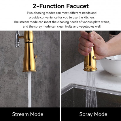HMR High Arc Dual-Mode Pull-Down Kitchen Faucet Porcelain Handle with Porcelain Handle - Gold/Chrome