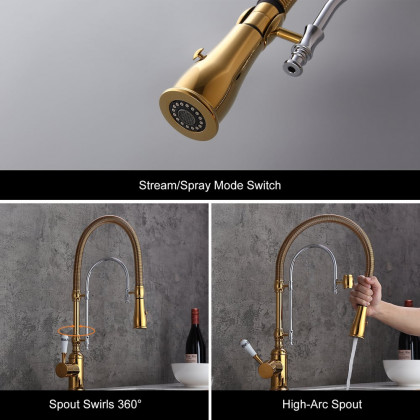 HMR High Arc Dual-Mode Pull-Down Kitchen Faucet Porcelain Handle with Porcelain Handle - Gold/Chrome