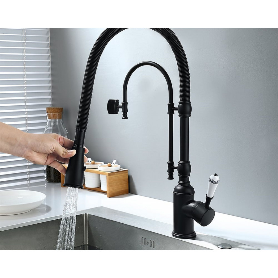 HMR High Arc Dual-Mode Pull-Down Kitchen Faucet Porcelain Handle with Porcelain Handle - Black