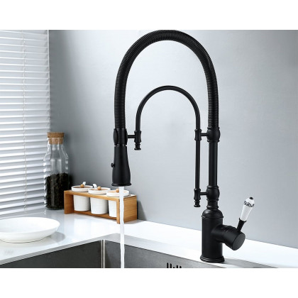 HMR High Arc Dual-Mode Pull-Down Kitchen Faucet Porcelain Handle with Porcelain Handle - Black