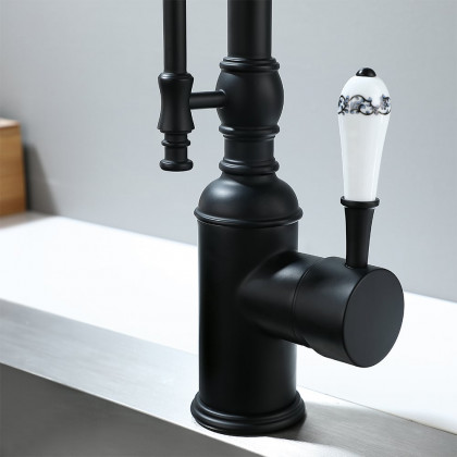 HMR High Arc Dual-Mode Pull-Down Kitchen Faucet Porcelain Handle with Porcelain Handle - Black