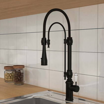 HMR High Arc Dual-Mode Pull-Down Kitchen Faucet Porcelain Handle with Porcelain Handle - Black