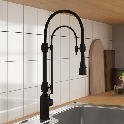 HMR High Arc Dual-Mode Pull-Down Kitchen Faucet Porcelain Handle with Porcelain Handle - Black