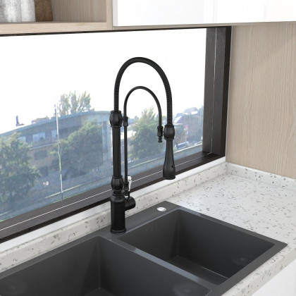 HMR High Arc Dual-Mode Pull-Down Kitchen Faucet Porcelain Handle with Porcelain Handle - Black