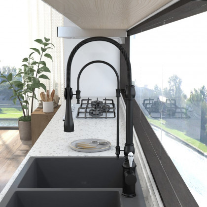 HMR High Arc Dual-Mode Pull-Down Kitchen Faucet Porcelain Handle with Porcelain Handle - Black