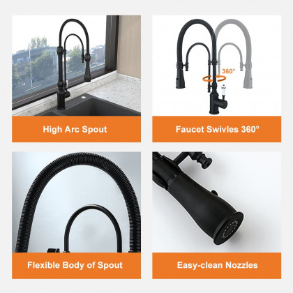 HMR High Arc Dual-Mode Pull-Down Kitchen Faucet Porcelain Handle with Porcelain Handle - Black
