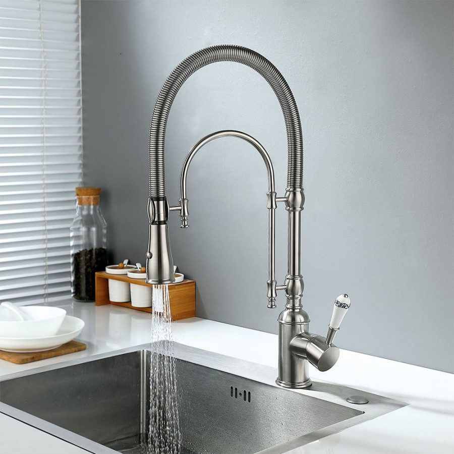 HMR High Arc Dual-Mode Pull-Down Kitchen Faucet Porcelain Handle with Porcelain Handle - Brushed Nickel