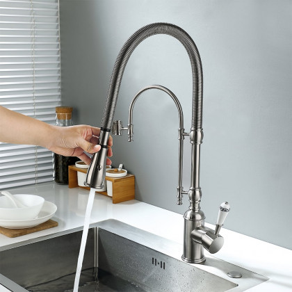 HMR High Arc Dual-Mode Pull-Down Kitchen Faucet Porcelain Handle with Porcelain Handle - Brushed Nickel