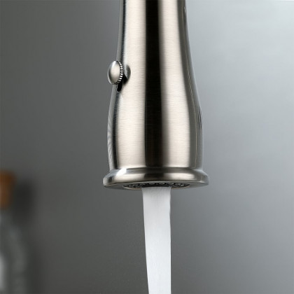HMR High Arc Dual-Mode Pull-Down Kitchen Faucet Porcelain Handle with Porcelain Handle - Brushed Nickel