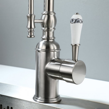 HMR High Arc Dual-Mode Pull-Down Kitchen Faucet Porcelain Handle with Porcelain Handle - Brushed Nickel