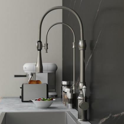 HMR High Arc Dual-Mode Pull-Down Kitchen Faucet Porcelain Handle with Porcelain Handle - Brushed Nickel