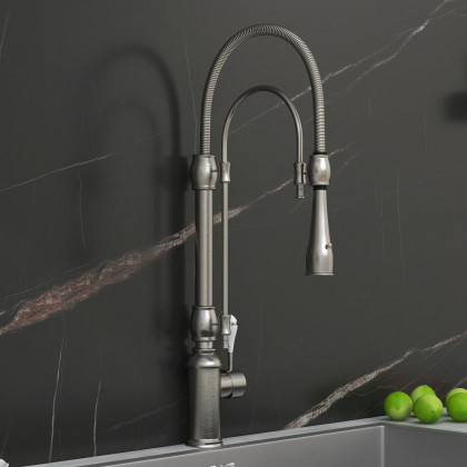 HMR High Arc Dual-Mode Pull-Down Kitchen Faucet Porcelain Handle with Porcelain Handle - Brushed Nickel
