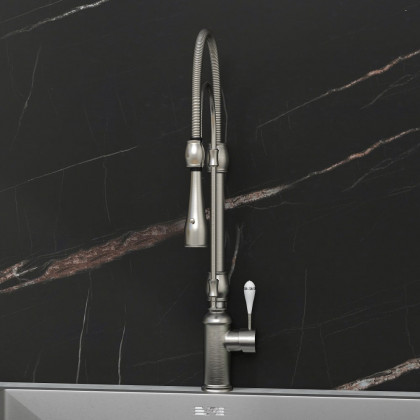 HMR High Arc Dual-Mode Pull-Down Kitchen Faucet Porcelain Handle with Porcelain Handle - Brushed Nickel