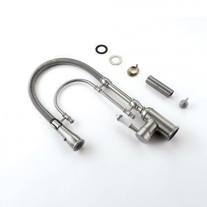 HMR High Arc Dual-Mode Pull-Down Kitchen Faucet Porcelain Handle with Porcelain Handle - Brushed Nickel