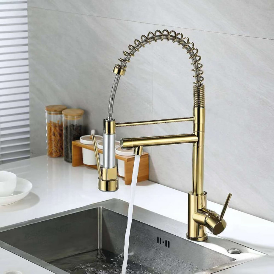 HMR - Brewst Single Hole Double Spout Pull Out Sprayer Kitchen Faucet in Solid Brass