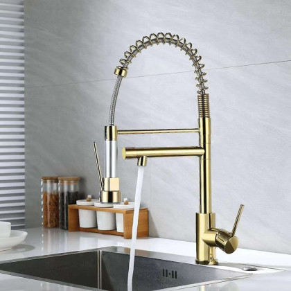 HMR - Brewst Single Hole Double Spout Pull Out Sprayer Kitchen Faucet in Solid Brass