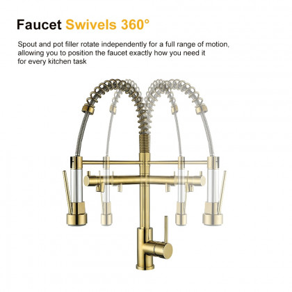 HMR - Brewst Single Hole Double Spout Pull Out Sprayer Kitchen Faucet in Solid Brass