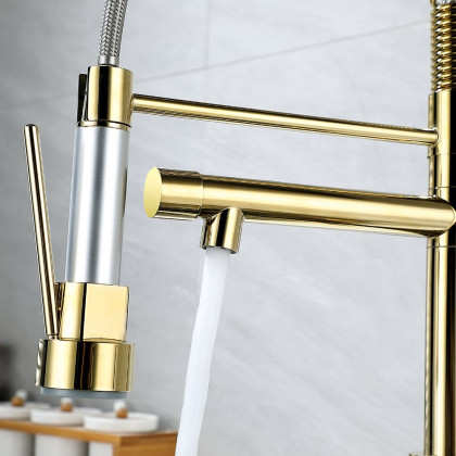 HMR - Brewst Single Hole Double Spout Pull Out Sprayer Kitchen Faucet in Solid Brass