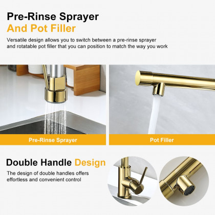HMR - Brewst Single Hole Double Spout Pull Out Sprayer Kitchen Faucet in Solid Brass