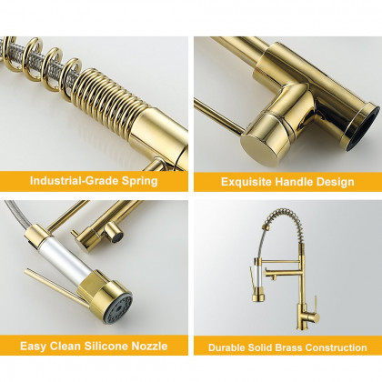HMR - Brewst Single Hole Double Spout Pull Out Sprayer Kitchen Faucet in Solid Brass